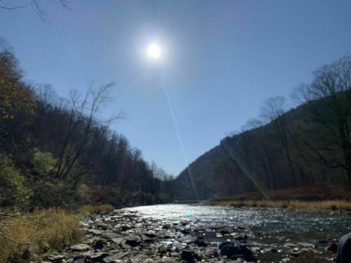 A sunlit river flows through a valley, surrounded by trees and mountains under a clear blue sky.