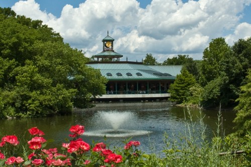 A scenic view of a pond with a fountain, surrounded by greenery and pink roses, featuring a building with a clock tower.