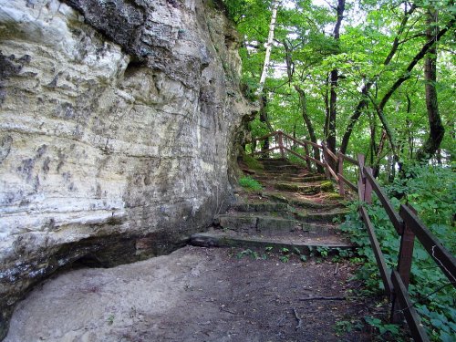 A winding stone staircase leads through a lush green forest with rocky cliffs and trees surrounding the path.