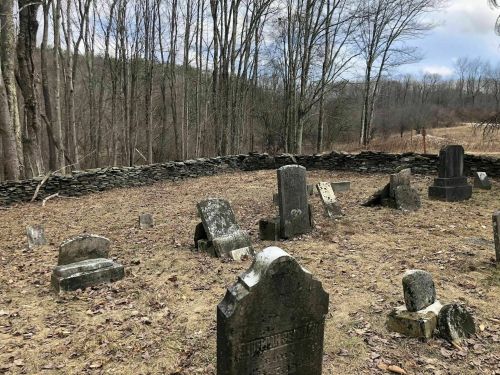 A weathered graveyard with tilted tombstones surrounded by trees and a stone wall under a cloudy sky.