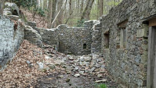 Ruins of a stone building surrounded by fallen leaves and scattered rocks in a wooded area.