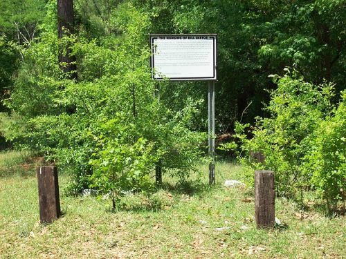 A sign about the Hanging of Bill Skidmore surrounded by greenery and wooden posts in a natural setting.
