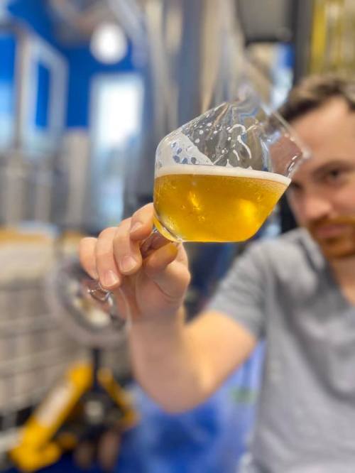 A person holds a glass of golden beer, showcasing its frothy head, in a brewery setting.