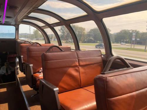 Interior of a train car featuring brown leather seats and large windows, with a view of the outside landscape.