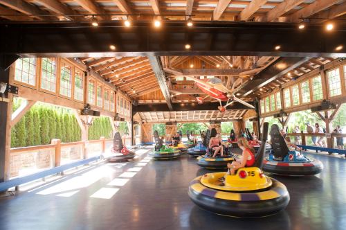 A lively indoor bumper car arena with colorful cars and people enjoying the ride under wooden beams and bright lights.