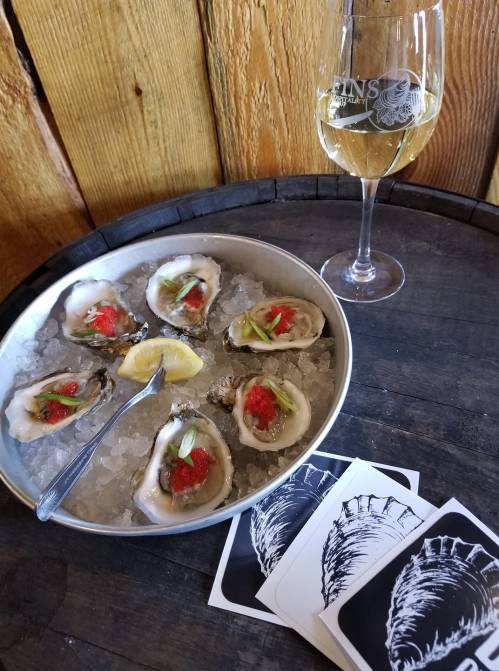 A platter of oysters on ice with lemon, accompanied by a glass of white wine and oyster-themed coasters.