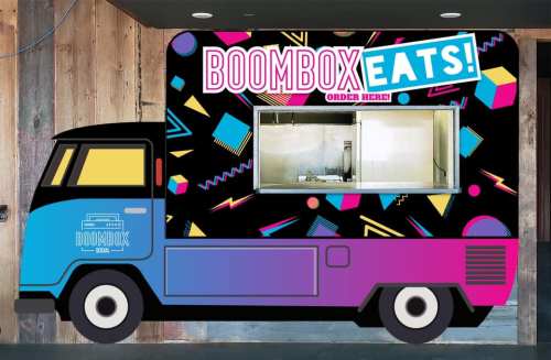 Colorful food truck design featuring "BOOMBOX EATS!" and an order window, set against a vibrant geometric background.
