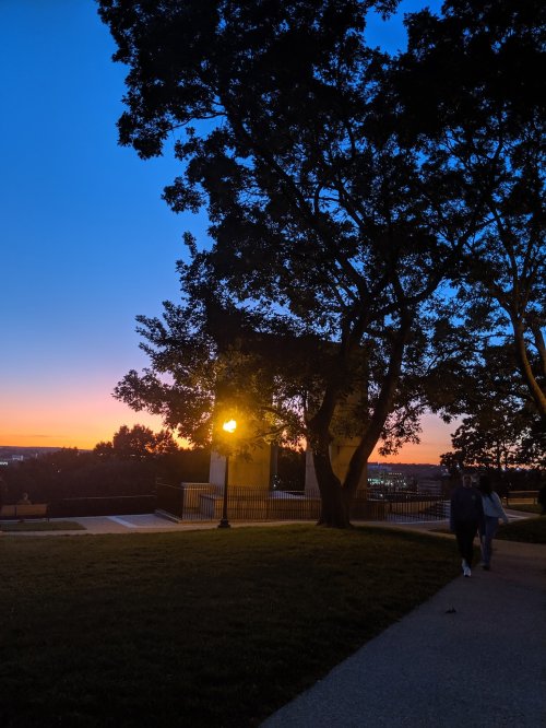 A serene evening scene with a sunset, silhouetted trees, and a glowing streetlamp along a pathway.