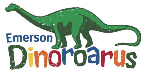 A green dinosaur illustration with the text "Emerson Dinoroarus" in colorful letters below it.