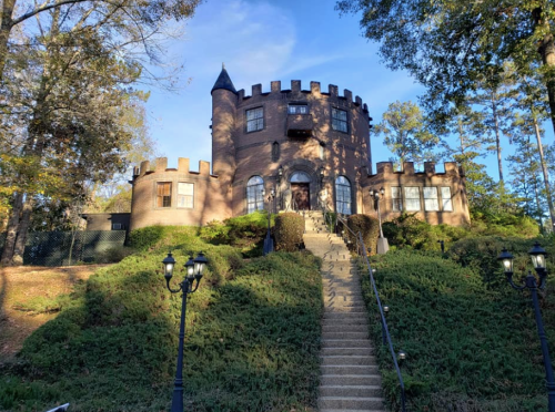 A tall, brick castle with a turret, surrounded by trees and greenery, featuring a staircase leading to the entrance.