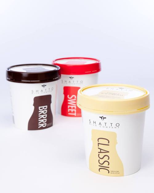 Three ice cream tubs from Shatto Company: BRRRR (brown), SWEET (red), and CLASSIC (yellow) against a light background.