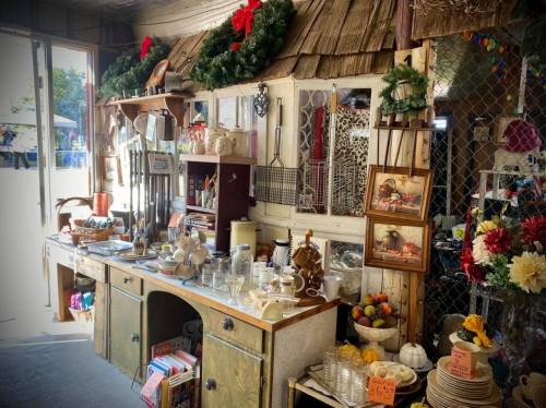 A cozy vintage shop display featuring various antiques, glassware, and holiday decorations.