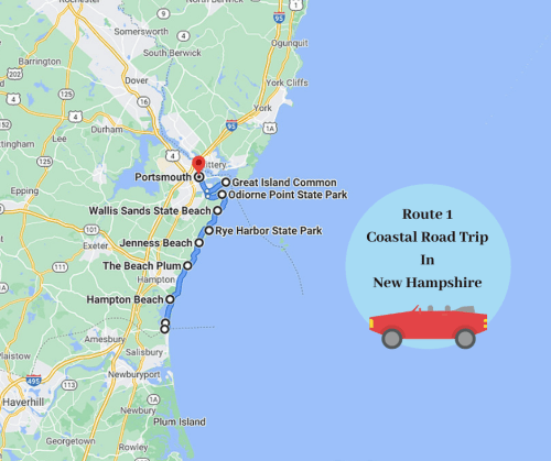 Map of New Hampshire's Route 1 coastal road trip, highlighting key stops from Portsmouth to Hampton Beach.