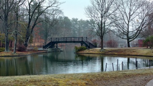 A serene park scene featuring a wooden bridge over a calm pond, surrounded by bare trees and misty landscapes.