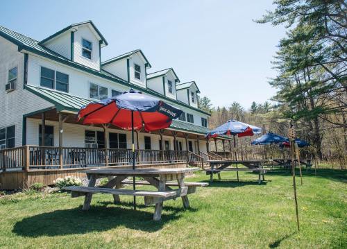A sunny outdoor area with picnic tables and umbrellas in front of a white building surrounded by trees.