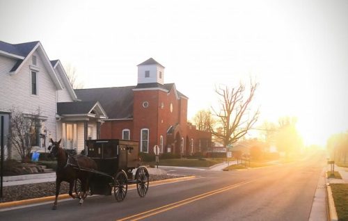 A horse-drawn carriage travels down a quiet street at sunrise, with houses and a church in the background.