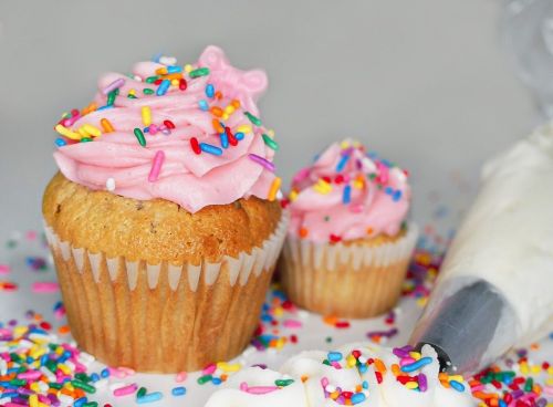 Two cupcakes with pink frosting and colorful sprinkles, surrounded by more sprinkles and a piping bag.