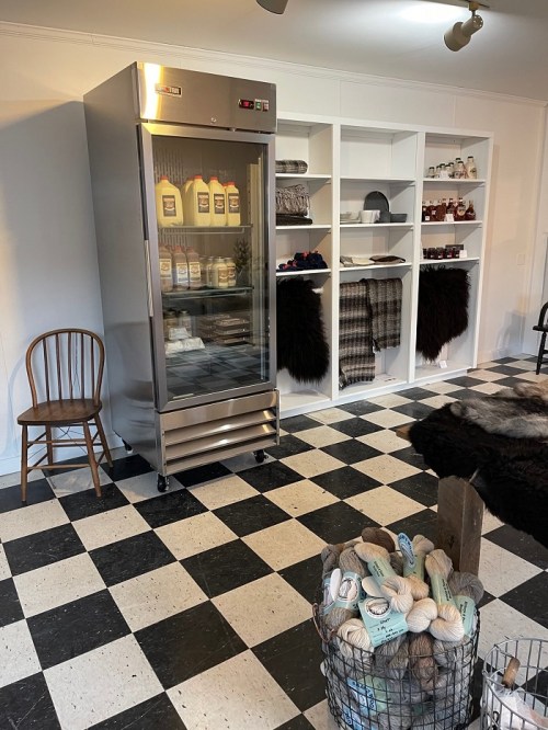 A modern refrigerator stands in a room with black and white checkered flooring, shelves of items, and a basket of textiles.