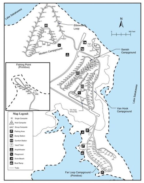 Map of Lake Sakakawea showing campgrounds, fishing points, and facilities with labeled areas and a north arrow.