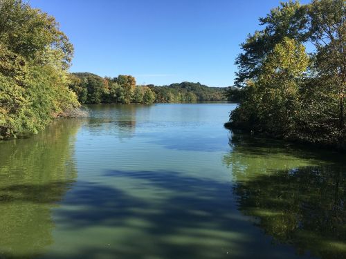 A serene lake surrounded by trees, reflecting a clear blue sky and colorful autumn foliage.