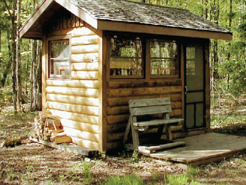 A small wooden cabin in a forested area, featuring a porch and stacked firewood beside it.