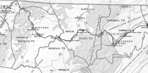 Map of parts of Tennessee, highlighting towns like Oneida, Winfield, and LaFollette with contour lines and labels.