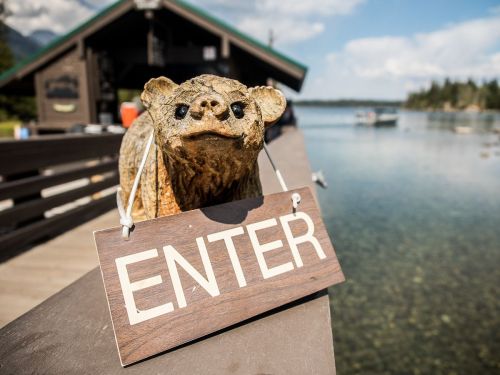A wooden animal figure with a sign reading "ENTER" in front of a serene lake and mountains in the background.
