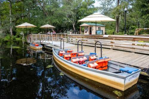 Two boats with orange life jackets are docked at a wooden pier surrounded by trees and umbrellas.