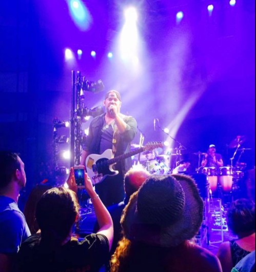 A musician performs on stage with a guitar, surrounded by an enthusiastic audience under colorful lights.