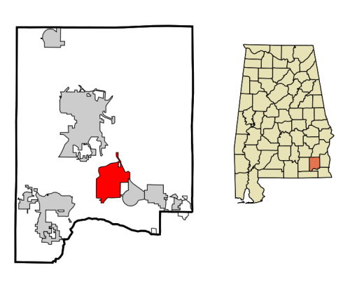 Map showing the location of a city in Alabama, highlighted in red, with surrounding areas in gray and white.