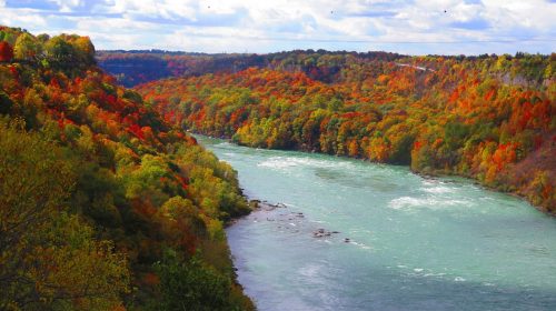 A scenic river flows through a vibrant landscape of autumn foliage in shades of red, orange, and green.
