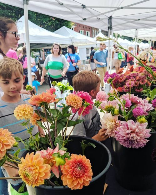 A vibrant flower market scene with children exploring colorful blooms and vendors under white tents.