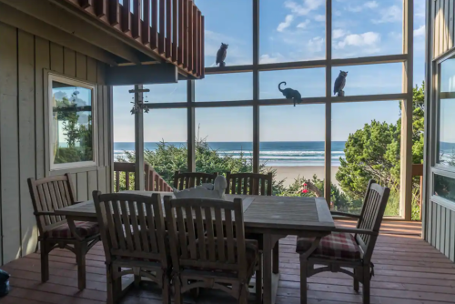 A spacious dining area with a wooden table overlooks the beach through large windows, featuring cats on the window ledge.