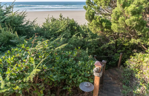 A pathway leads through lush greenery to a sandy beach and ocean waves in the distance.