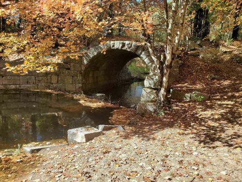 A stone arch bridge over a calm stream, surrounded by autumn foliage and fallen leaves on the ground.
