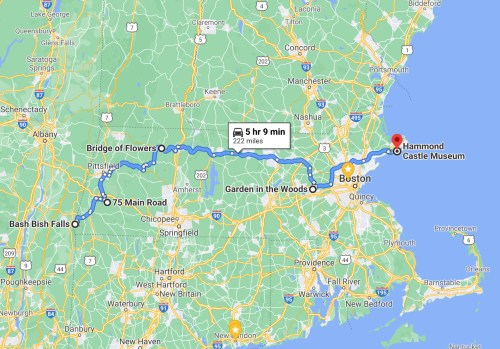 Map showing a route from Bash Bish Falls to Hammond Castle Museum, highlighting key locations and travel time.