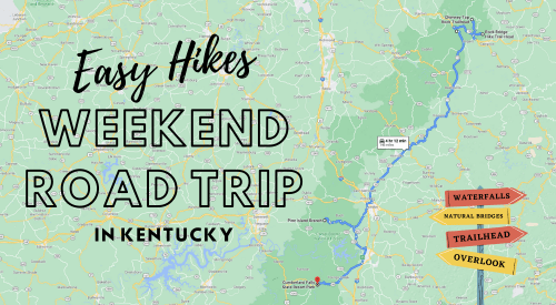 Map highlighting easy hikes for a weekend road trip in Kentucky, featuring waterfalls, natural bridges, and trailheads.
