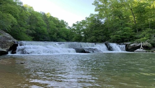 A serene waterfall cascades into a clear pool, surrounded by lush green trees and a peaceful natural setting.