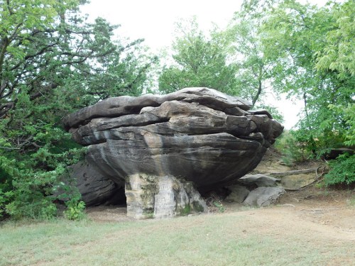 A large, flat rock formation resembling a mushroom, surrounded by trees and grass.