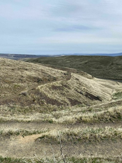 A winding dirt path through dry, grassy hills under a cloudy sky.