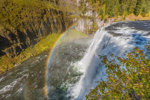 A stunning waterfall cascades into a river, creating a rainbow in the mist against a backdrop of lush greenery.