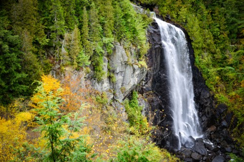 A cascading waterfall surrounded by lush green trees and autumn foliage in vibrant colors.