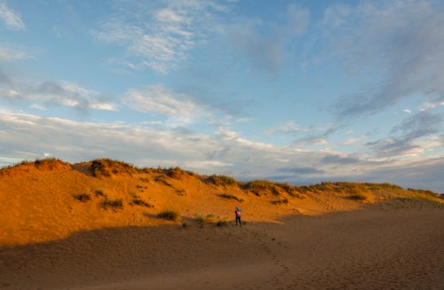 A person stands on a sandy dune under a cloudy sky, with grass and hills in the background.