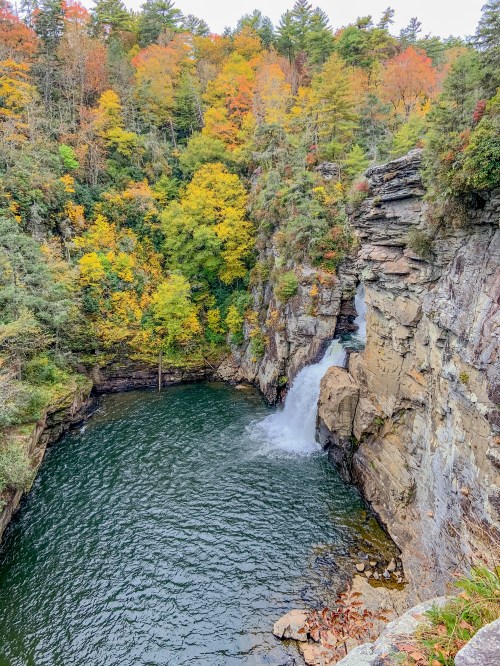 A scenic view of a waterfall cascading into a serene pool, surrounded by vibrant autumn foliage and rocky cliffs.