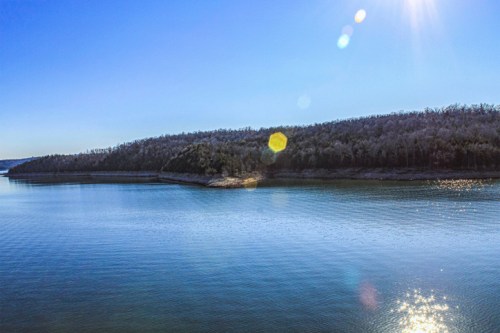 A serene lake scene with calm waters, surrounded by trees under a clear blue sky and bright sunlight.