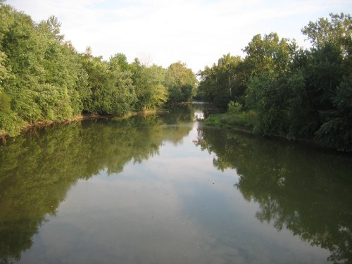 A serene river surrounded by lush green trees, reflecting the sky and foliage in calm waters.