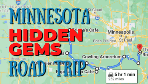 Map highlighting a road trip route in Minnesota, titled "Hidden Gems Road Trip," covering 252 miles in 5 hours and 1 minute.