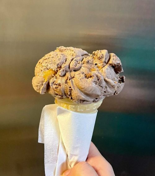 A hand holding a chocolate ice cream cone with a textured scoop, wrapped in a white napkin.