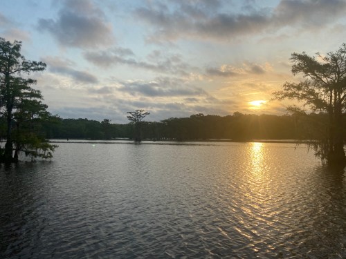 A serene lake at sunset, with trees silhouetted against a colorful sky and gentle ripples on the water's surface.