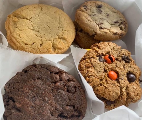A variety of freshly baked cookies, including chocolate chip, peanut butter, and oatmeal with candy pieces, in a box.